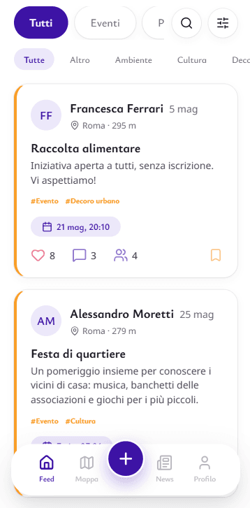 Il feed dell'app MappaX con i contenuti del quartiere
