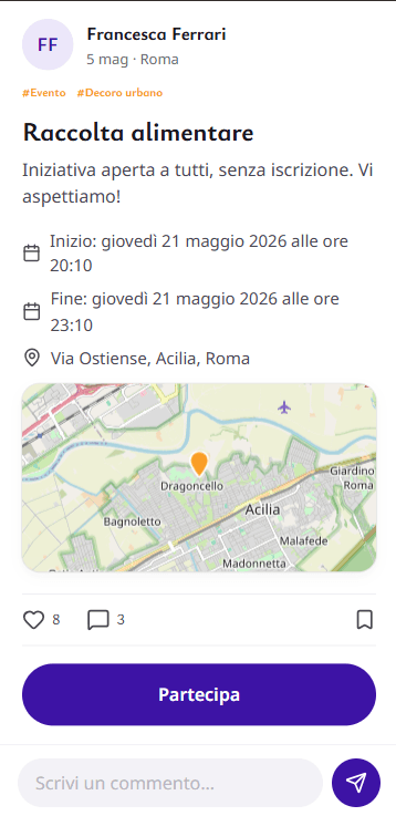 La scheda di un evento pubblicato da un'associazione
